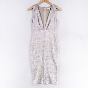 Renn Dress Women Sz Small Tan Silver Shimmery Stretch Knit Sheath Deep V Pleated
